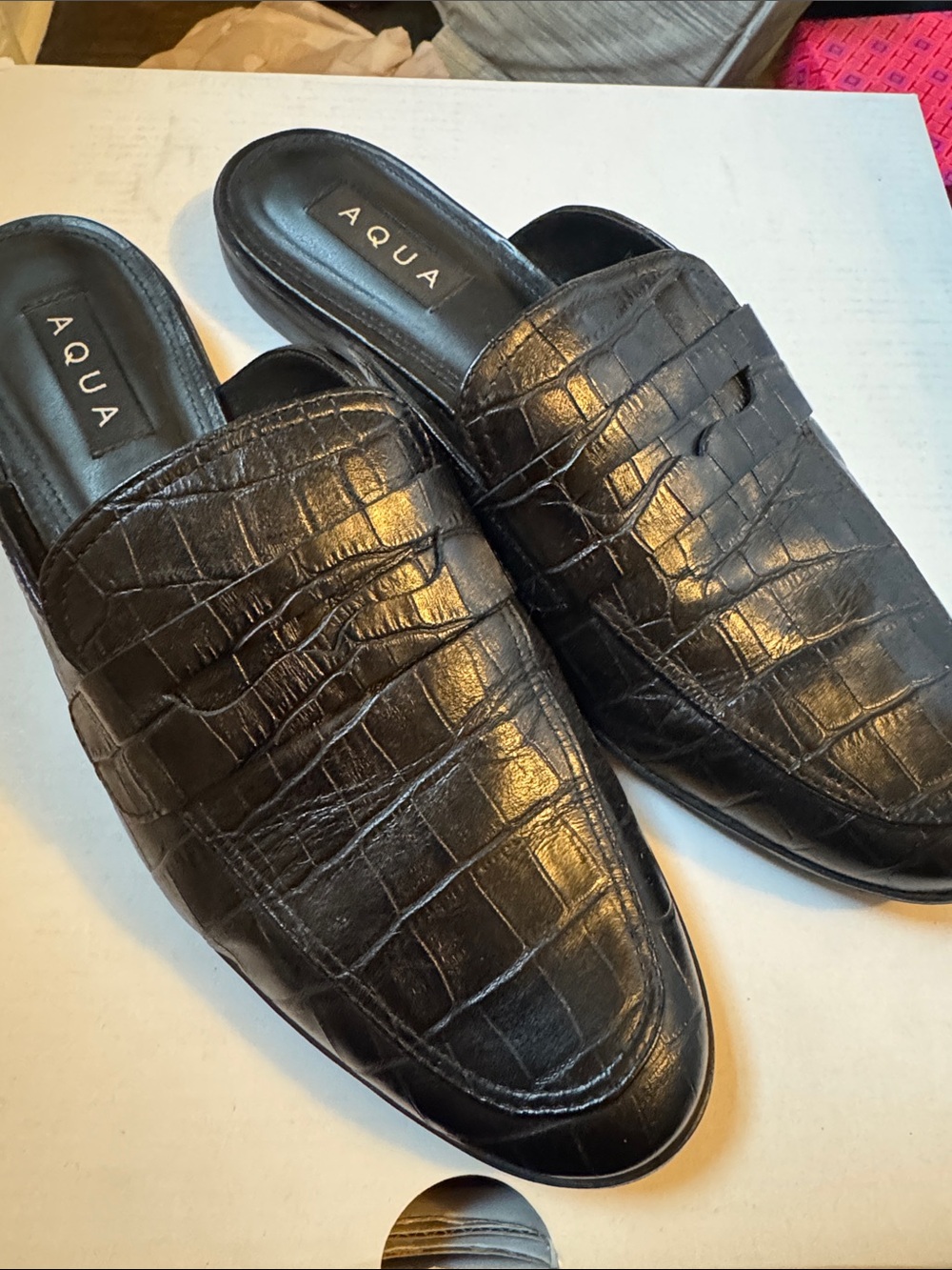 Aqua Black Croc-Embossed Slip-On Loafers